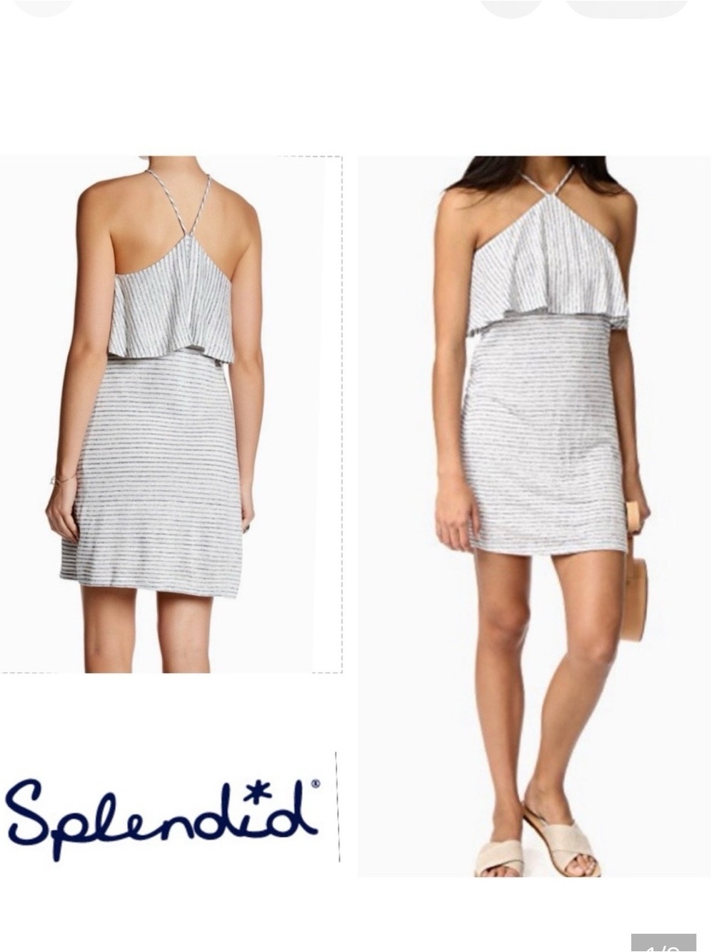 Splendid White and Gray Striped Halter Mini Dress Linen blend